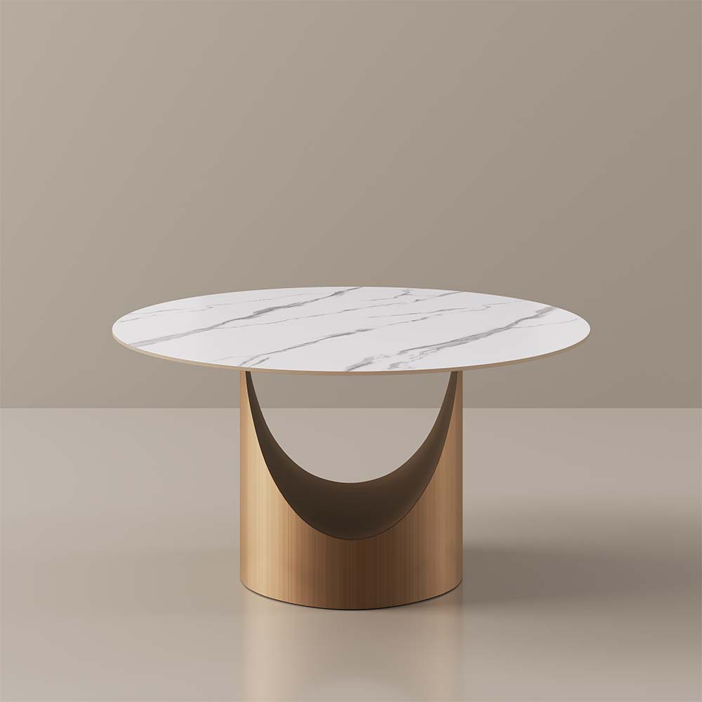 Alt View 6. POVISON - 47" Round White Matte Sintered Stone Dining Table with Bronze U-shaped Steel Base - White Matte Sintered Stone with Bronze Steel Base.