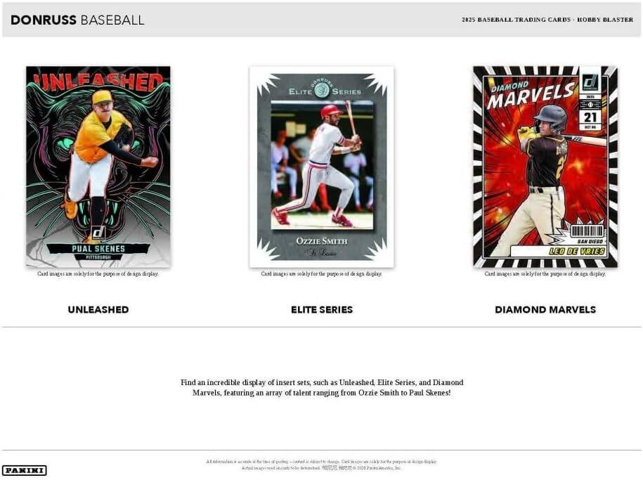 DONRUSS BASEBALL

2025 BASEBALL TRADING CARDS • HOBBY BLASTER

UNLEASHED  
PAUL SKENES  
Card images are solely for the purpose of design display.

ELITE SERIES  
OZZIE SMITH  
Card images are solely for the purpose of design display.

DIAMOND MARVELS  
LEO DE VRIES  
Card images are solely for the purpose of design display.

Find an incredible display of insert sets, such as Unleashed, Elite Series, and Diamond Marvels, featuring an array of talent ranging from Ozzie Smith to Paul Skenes!

Card images are solely for the purpose of design display.