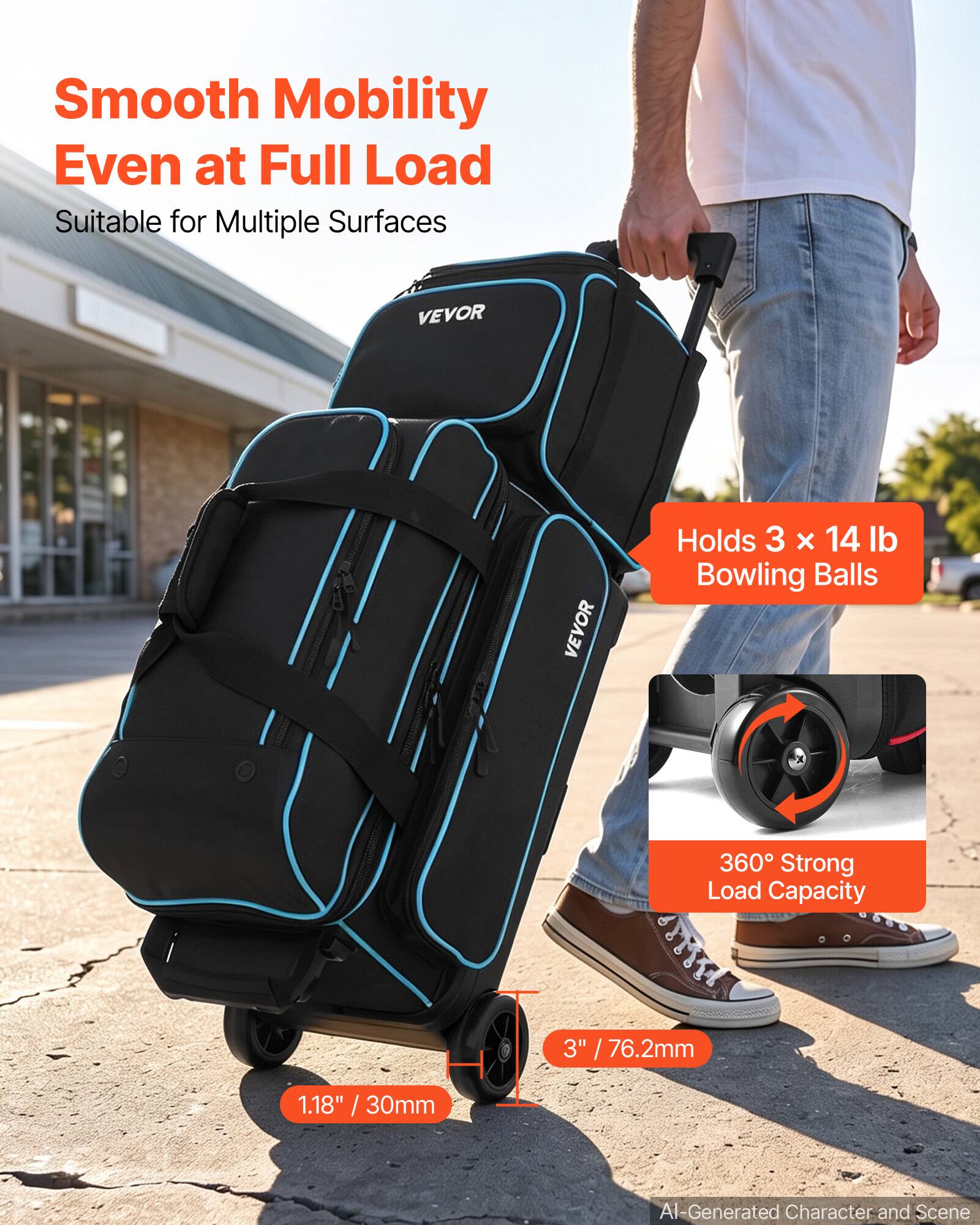 Smooth Mobility Even at Full Load  
Suitable for Multiple Surfaces  

VEVOR  
VEVOR  

Holds 3 x 14 lb Bowling Balls  

360° Strong Load Capacity  

3" / 76.2mm  
1.18" / 30mm  

AI-Generated Character and Scene
