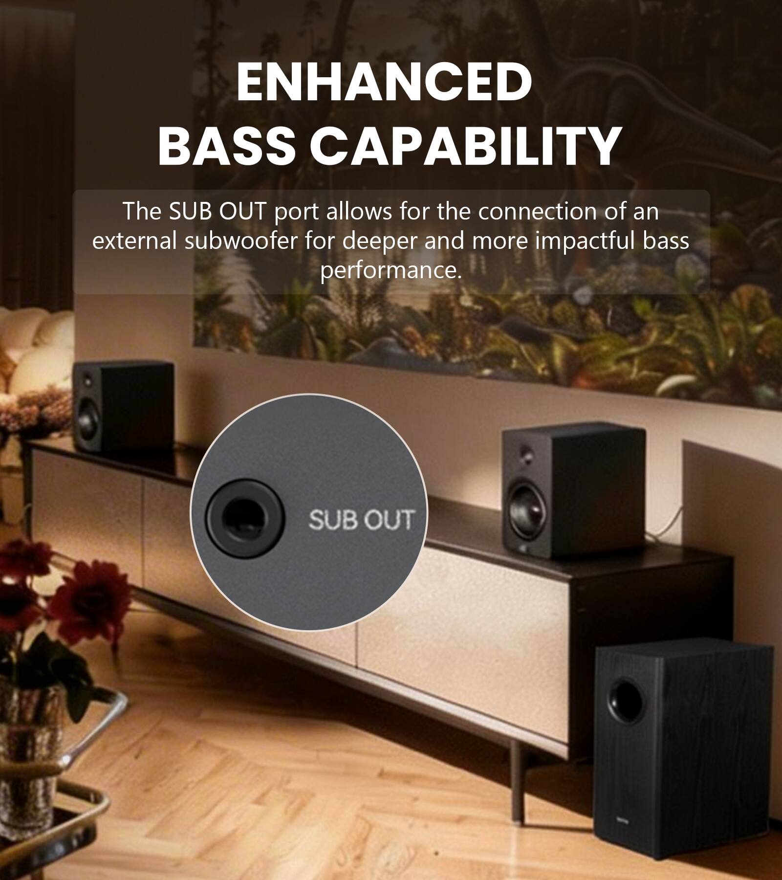 ENHANCED BASS CAPABILITY

The SUB OUT port allows for the connection of an external subwoofer for deeper and more impactful bass performance.

SUB OUT