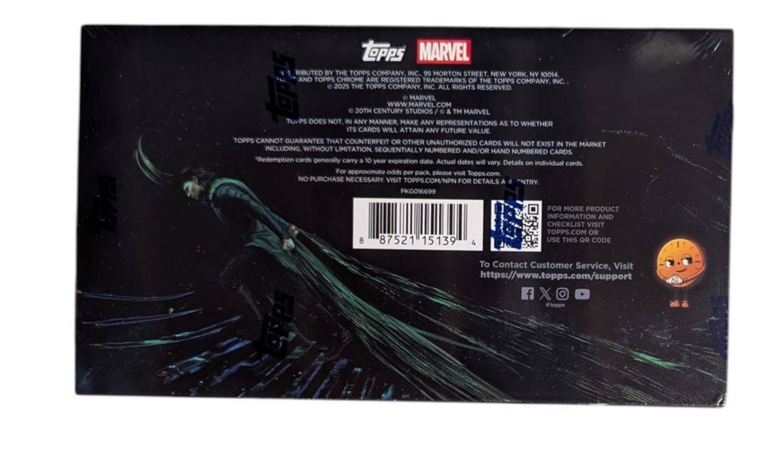 TOPPS MARVEL  
RIBUTED BY THE TOPPS COMPANY, INC.  
95 MORTON STREET NEW YORK NY 10014  
AND TOPPS CHROME ARE REGISTERED TRADEMARKS OF THE TOPPS COMPANY, INC.  
2025 THE TOPPS COMPANY, INC. ALL RIGHTS RESERVED  
MARVEL WWW.MARVEL.COM  
20TH CENTURY STUDIOS / & TM MARVEL  
TOPPS DOES NOT, IN ANY MANNER, MAKE ANY REPRESENTATIONS AS TO WHETHER ITS CARDS WILL ATTAIN ANY FUTURE VALUE. TOPPS CANNOT GUARANTEE THAT COUNTERFEIT OR OTHER UNAUTHORIZED CARDS WILL NOT EXIST IN THE MARKET, INCLUDING WITHOUT LIMITATION, SEQUENTIALLY NUMBERED AND/OR HAND NUMBERED CARDS. *Redemption cards generally carry a 10 year expiration date. Actual dates will vary. Details on individual cards.  
For approximate odds per pack, please visit Topps.com  
NO PURCHASE NECESSARY VISIT TOPPS.COM/NPN FOR DETAILS  
A ENTRY PKG016699  
8 87521 15139 4  
FOR MORE PRODUCT INFORMATION AND CHECKLIST VISIT TOPPS