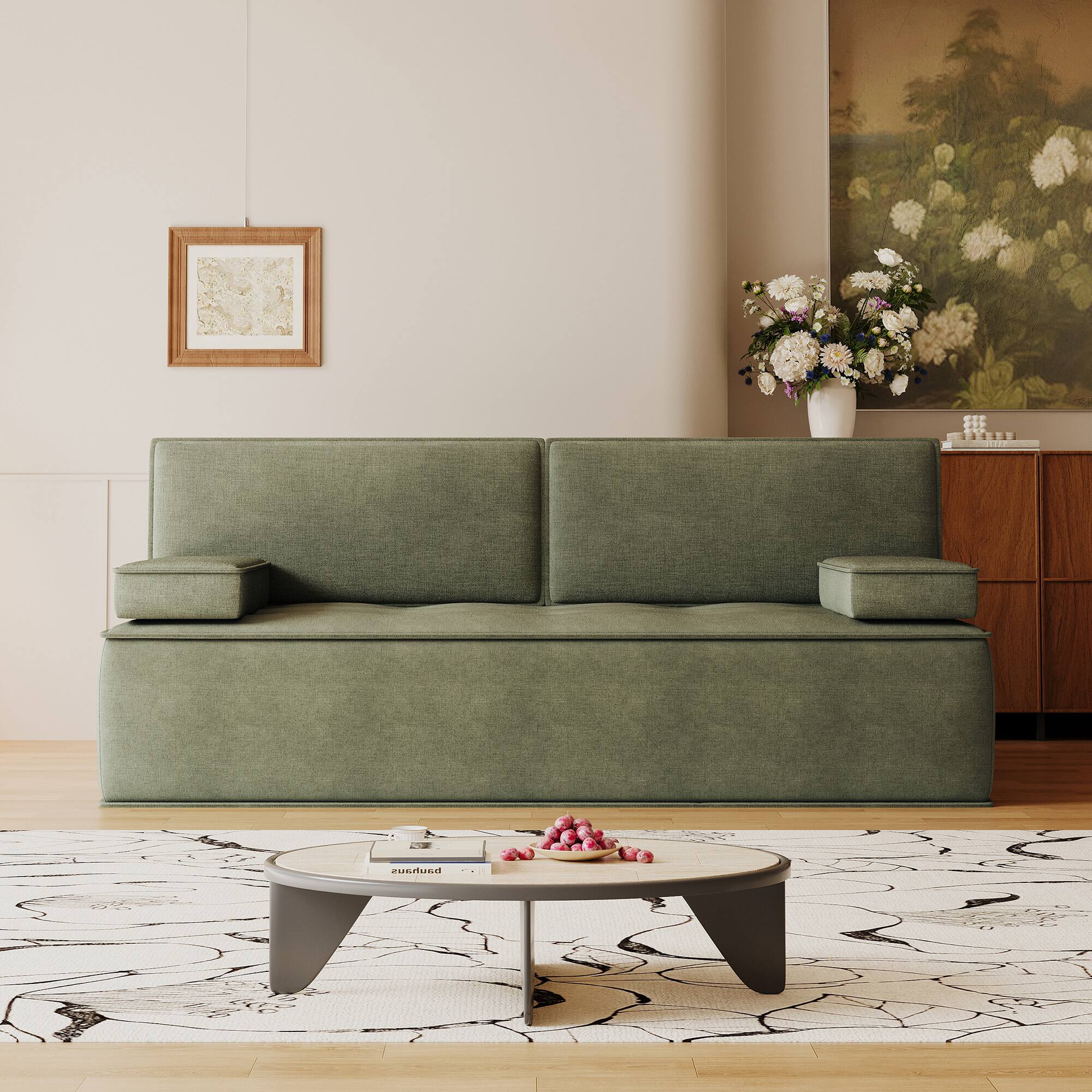 Left. luck idea - 79" Multi-Functional Fabric Sleeper Sofa, Convertible Couch Bed with Supportive Foam Cushion for Apartment & Studio - Green.