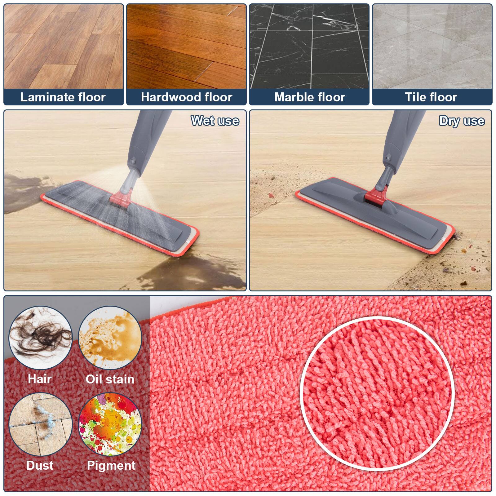 Laminate floor, Hardwood floor, Marble floor, Tile floor, Wet use, Dry use, Hair, Oil stain, Dust, Pigment