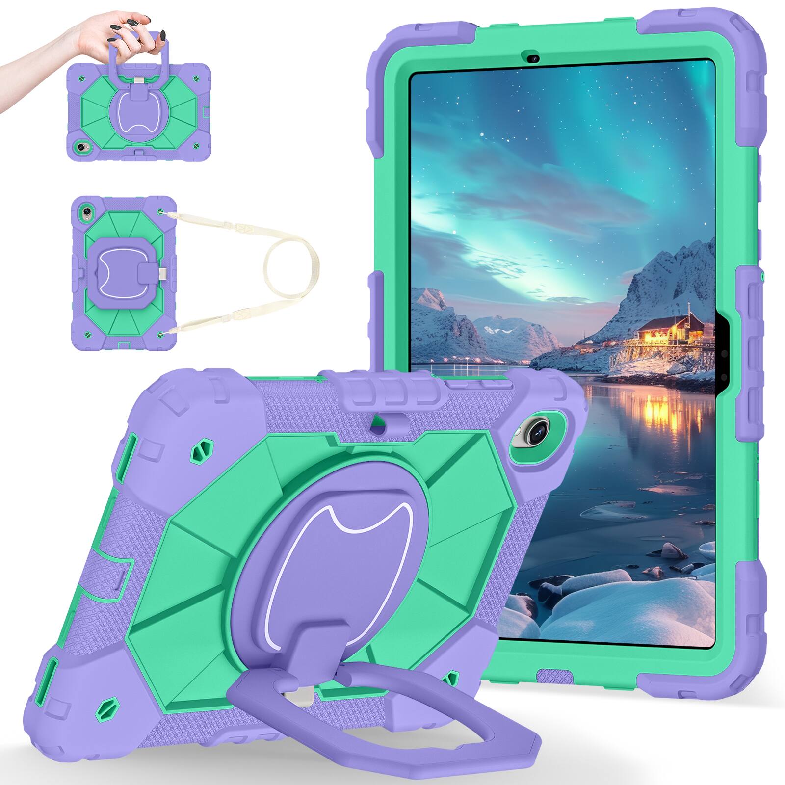Angle. Dteck - Case for Samsung Galaxy Tab S11 2025 11-inch 3-Layer Rugged Kickstand Handle Grip Cover with Shoulder Strap - Purple Mint.