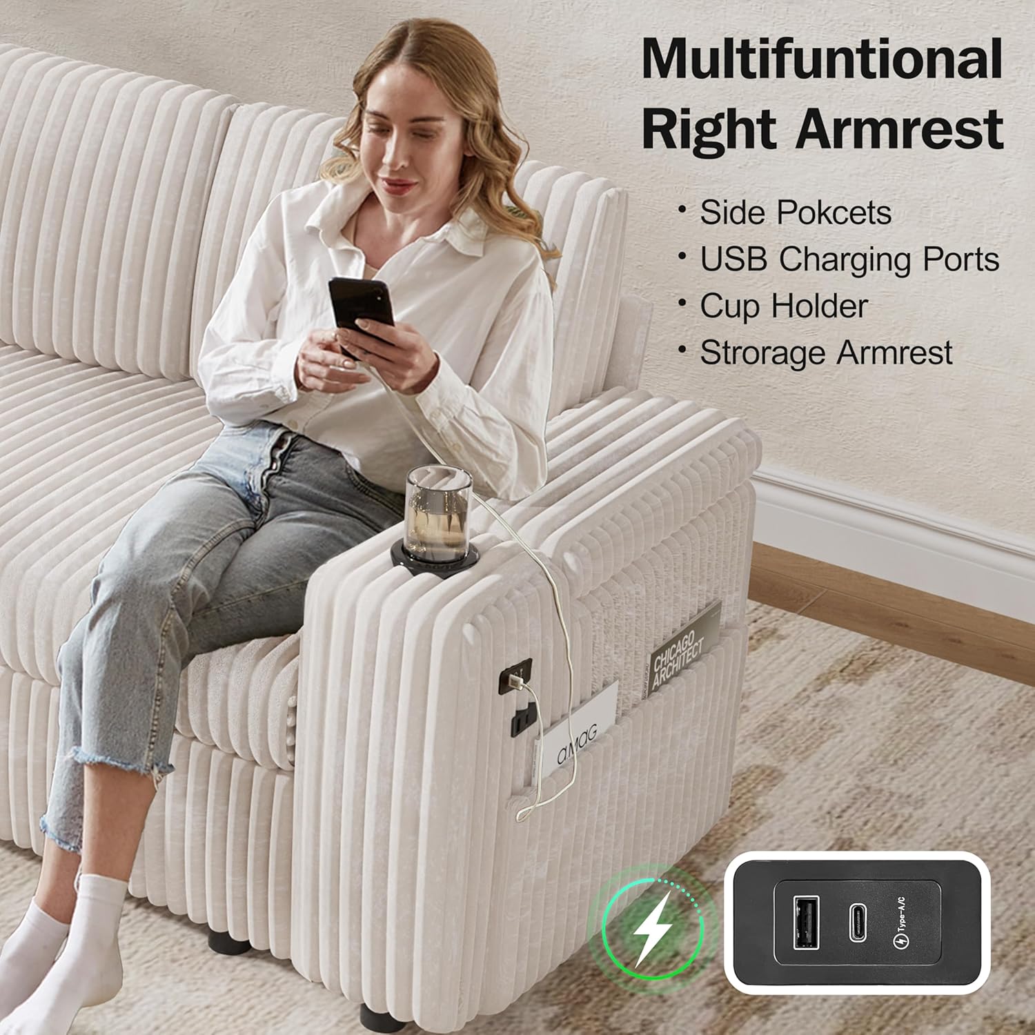Multifunctional Right Armrest

- Side Pockets
- USB Charging Ports
- Cup Holder
- Storage Armrest

CHICAGO ARCHITECT

AMOG