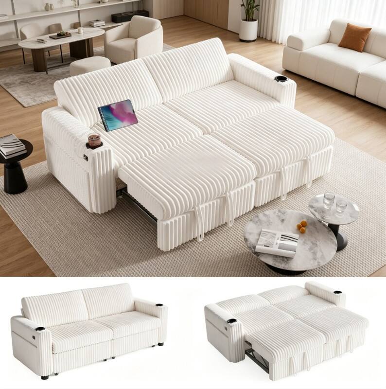 Front. Dyonery - 91" Sectional Sleeper Sofa: Pull-out bed, oversized loveseat with reclining backrest, USB ports, cup holders. - Beige.