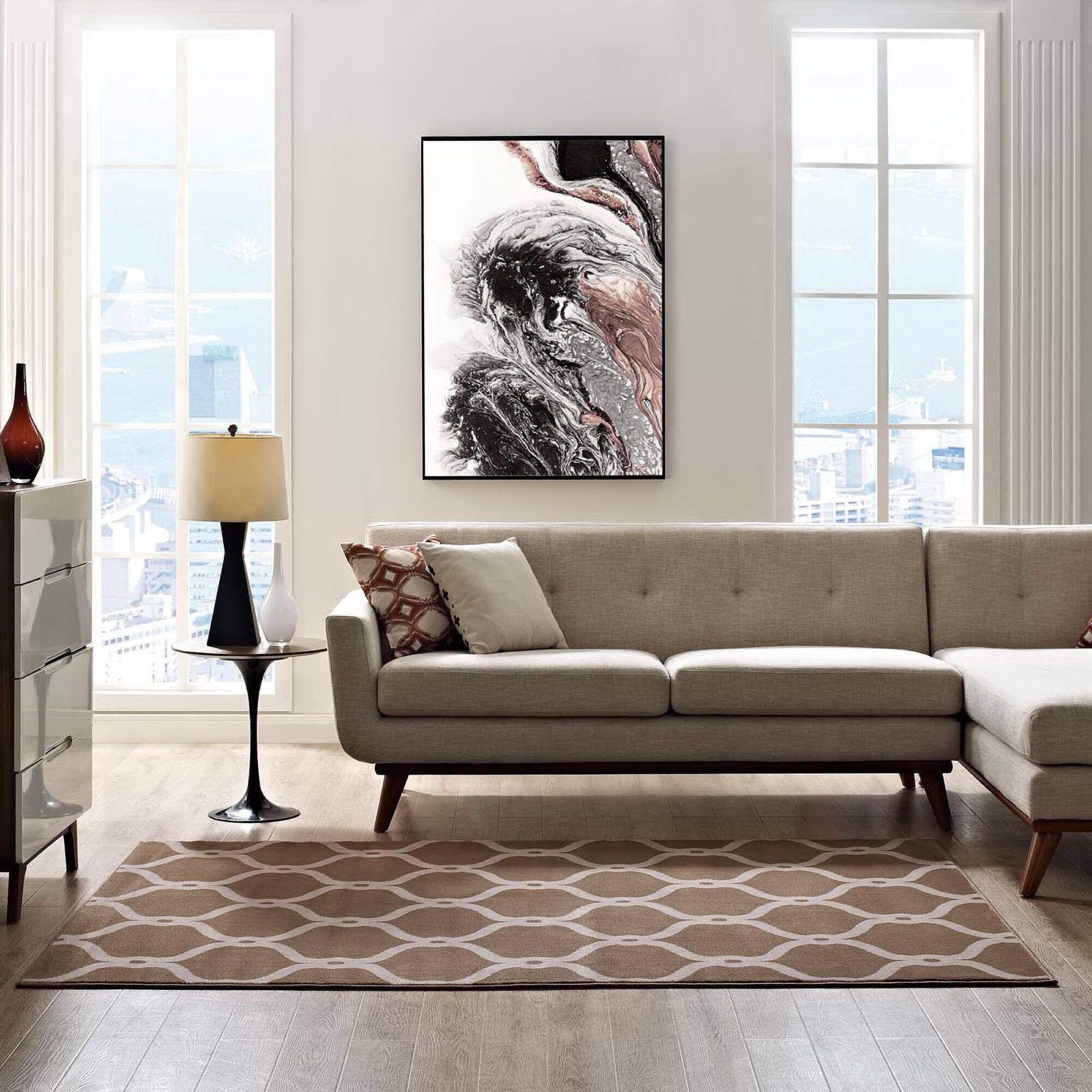 Left. Modway - Beltara Chain Link Transitional Trellis Area Rug - Dark Tan and Beige.