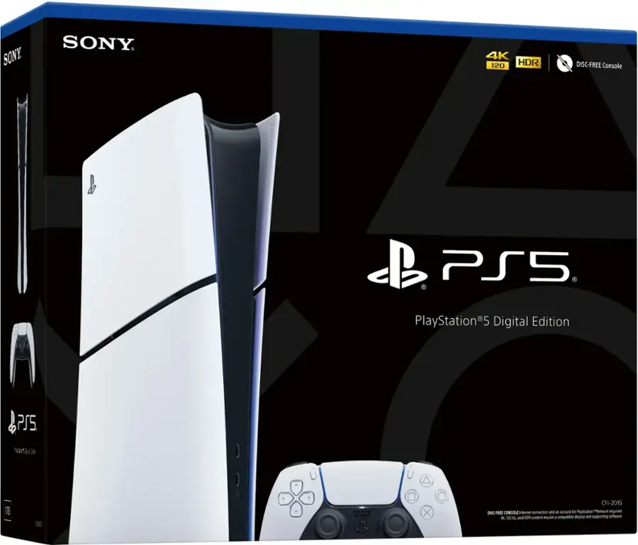 Sony PlayStation 5 Digital Edition, 1 PS5, 1 DualSense controller, 1 PlayStation Camera, 1 HDMI cable, 1 USB cable, 1 AC power cord, 1 PlayStation 5 console, 1 PlayStation 5 box.