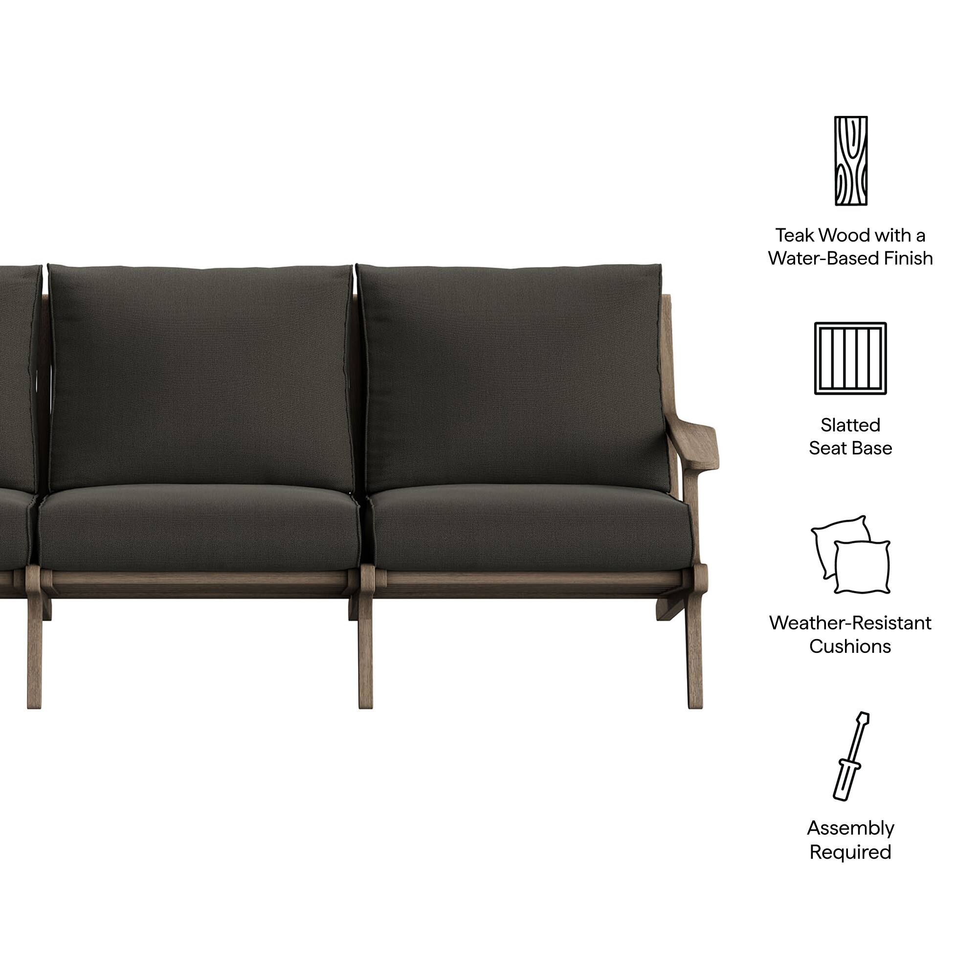 Teak Wood with a Water-Based Finish Slatted Seat Base Weather-Resistant Cushions Assembly Required