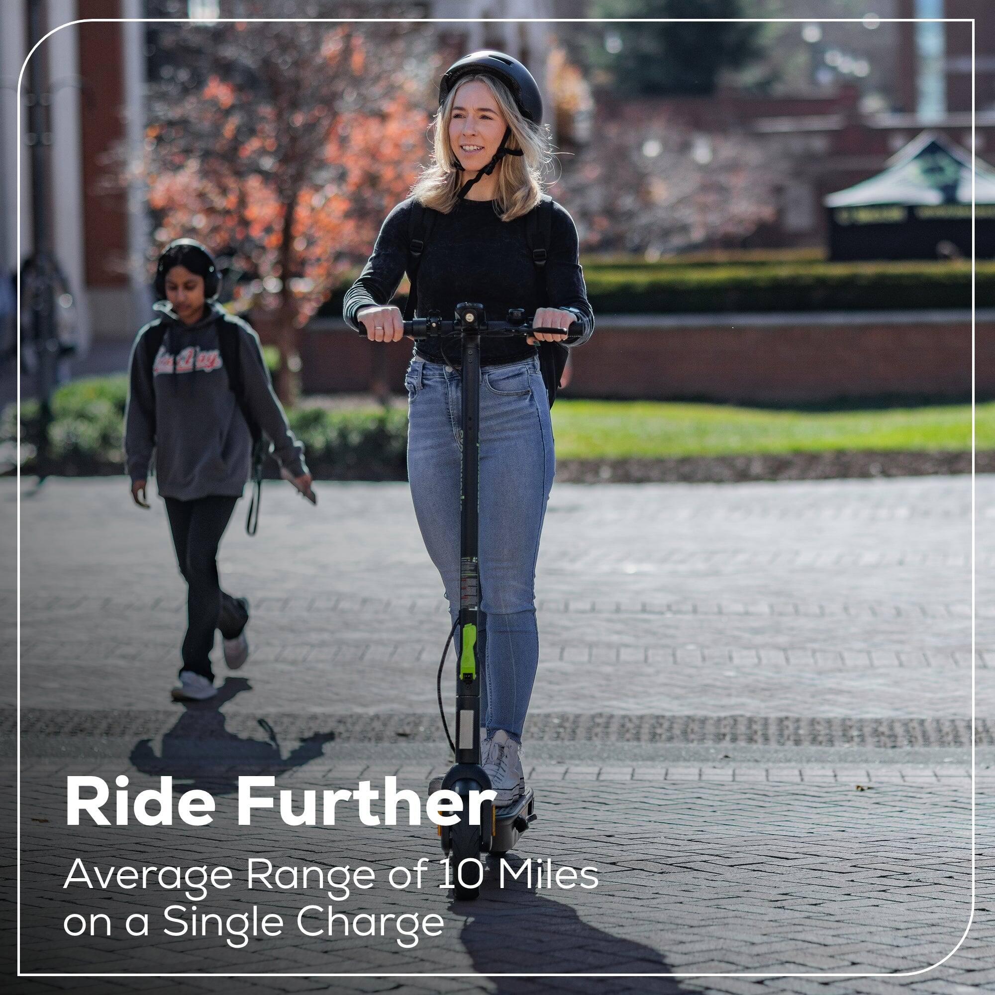The image features a woman riding a Segway, a type of personal transportation device, on a brick walkway. The woman is wearing a helmet for safety while enjoying her ride. The image is accompanied by text that reads "Ride Further," which suggests that the Segway has a good range on a single charge. The text also states that the average range of the Segway is 10 miles on a single charge, making it a convenient and efficient mode of transportation for short distances.