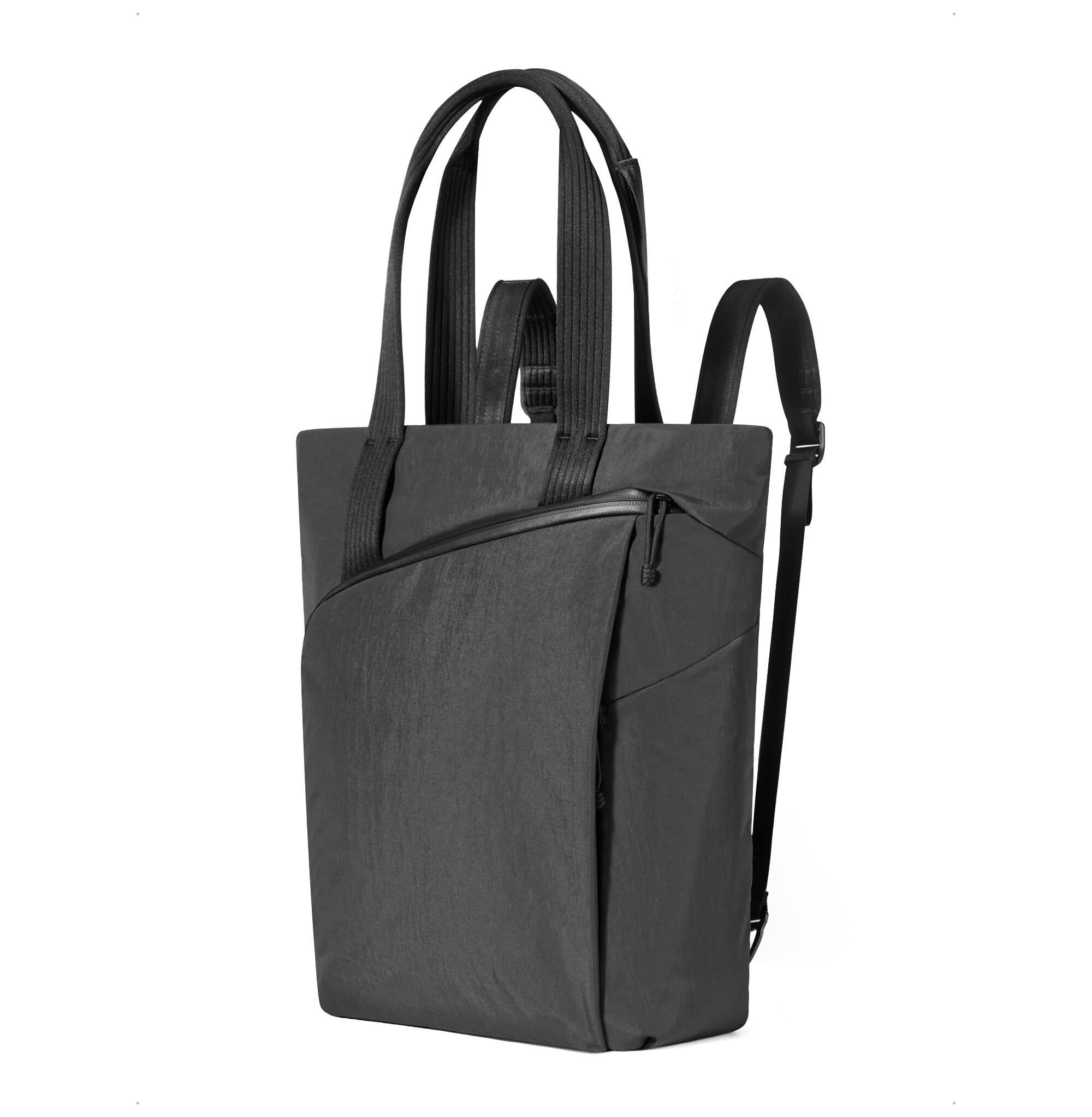 Front. ALPAKA - Flow Totepack Laptop Backpack for Men, 16" Laptop Compartment + 11" Tablet Sleeve, Tote/Backpack, Bottle Pocket - Black Axoflux 400D Washed Nylon.