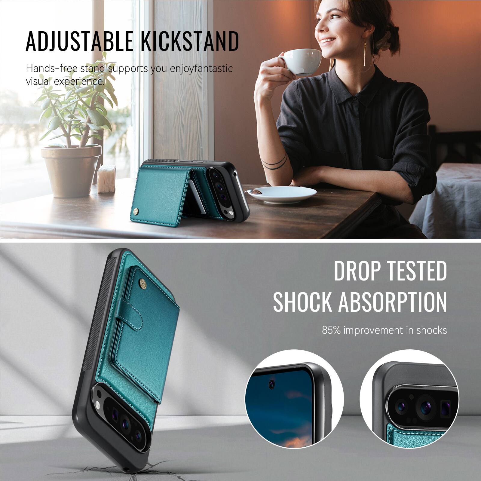 ADJUSTABLE KICKSTAND  
Hands-free stand supports you enjoy fantastic visual experience.  

DROP TESTED SHOCK ABSORPTION  
85% improvement in shocks