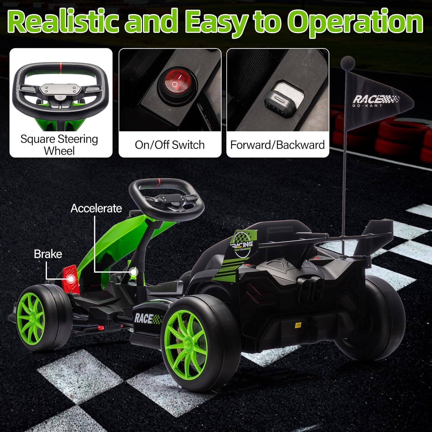 Realistic and Easy to Operation

- Square Steering Wheel
- On/Off Switch
- Forward/Backward
- Accelerate
- Brake