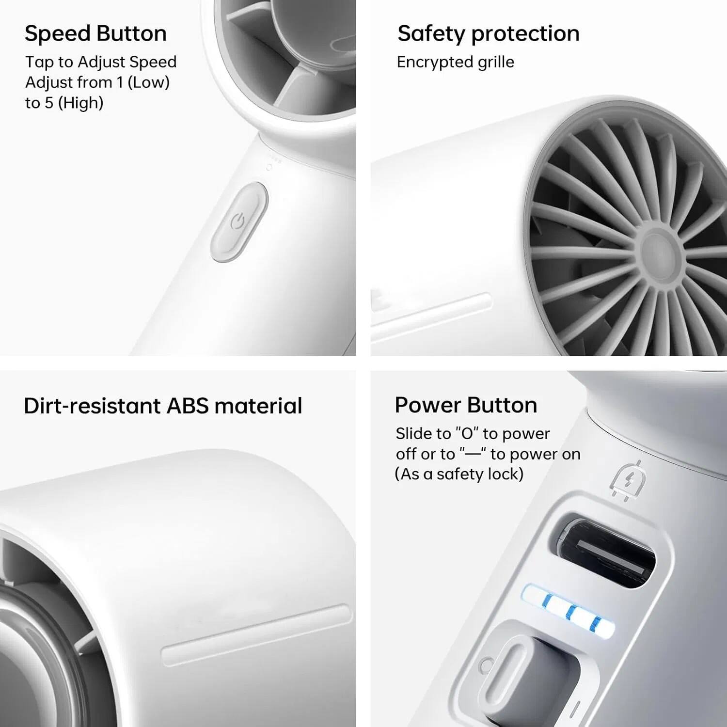 Speed Button  
Tap to Adjust Speed  
Adjust from 1 (Low) to 5 (High)  

Safety protection  
Encrypted grille  

Dirt-resistant ABS material  

Power Button  
Slide to "O" to power off or to "—" to power on (As a safety lock)