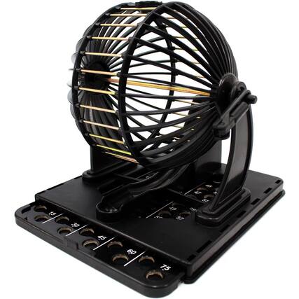 Front. JuzToys - Bingo Game for kids, Party Game Play Includes Round Cage 75 Number Balls 20 Cards Bingo Game Set (Classic) - Black.