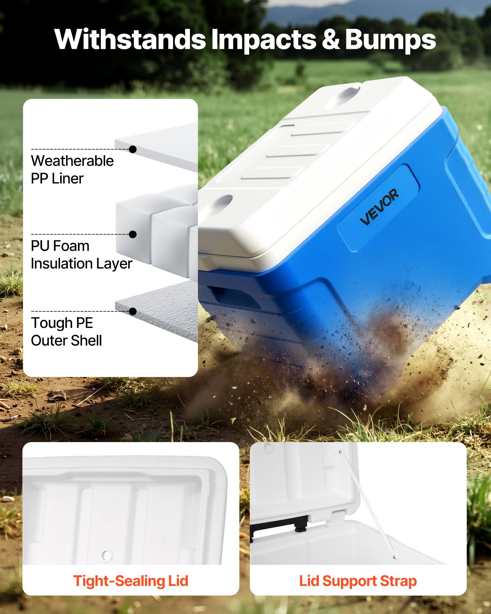 Withstands Impacts & Bumps

- Weatherable PP Liner
- PU Foam Insulation Layer
- Tough PE Outer Shell
- Tight-Sealing Lid
- Lid Support Strap