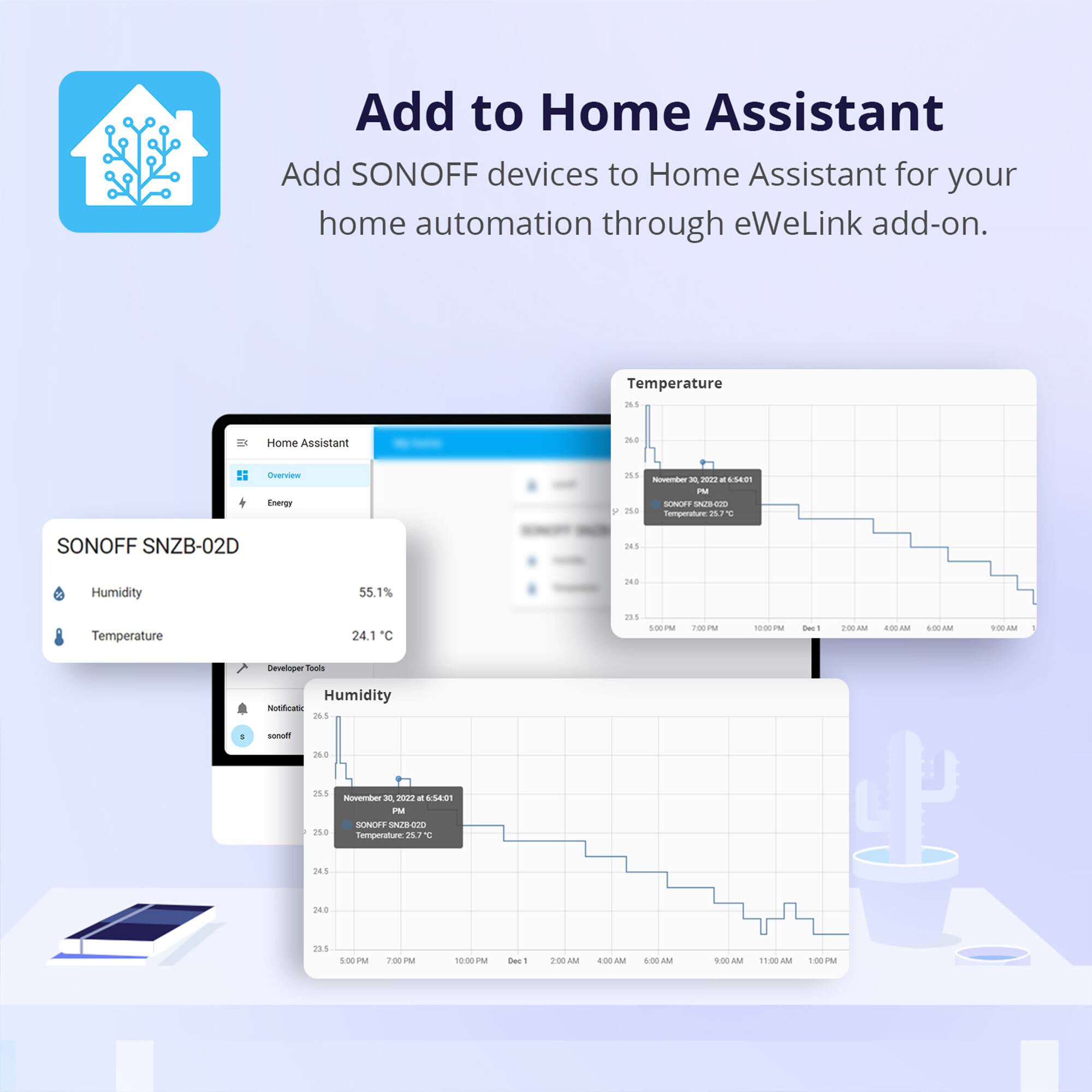 Add to Home Assistant  
Add SONOFF devices to Home Assistant for your home automation through eWeLink add-on.

SONOFF SNZB-02D  
Humidity: 55.1%  
Temperature: 24.1°C

Temperature  
SONOFF SNZB-02D  
Temperature: 24.1°C  
November 30, 2022, 6:54:01 PM

Humidity  
SONOFF SNZB-02D  
Humidity: 26.5%  
Temperature: 25.7°C  
November 30, 2022, 6:54:01 PM