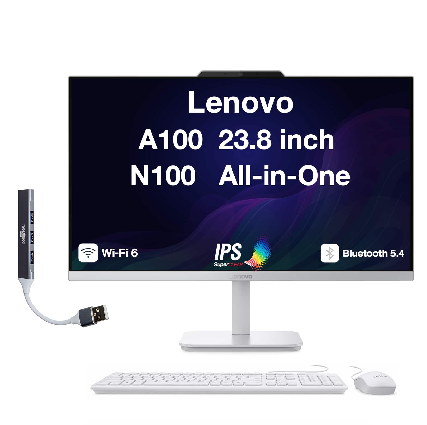 Lenovo - Upgraded - A100 All-in-One 23.8 FHD Display (N100, 16GB, 1TB SSD, Intel UHD, WiFi 6, Webcam, Win 11 Pro) w/USB Hub - Cloud Grey