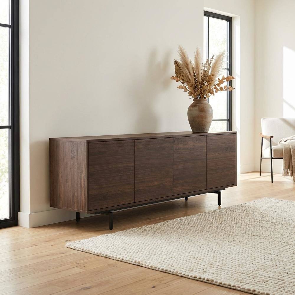 Left. FurniFact - Wooden Walnut Finish TV Console with 4 Doors in Modern & Industrial Style - Brown.