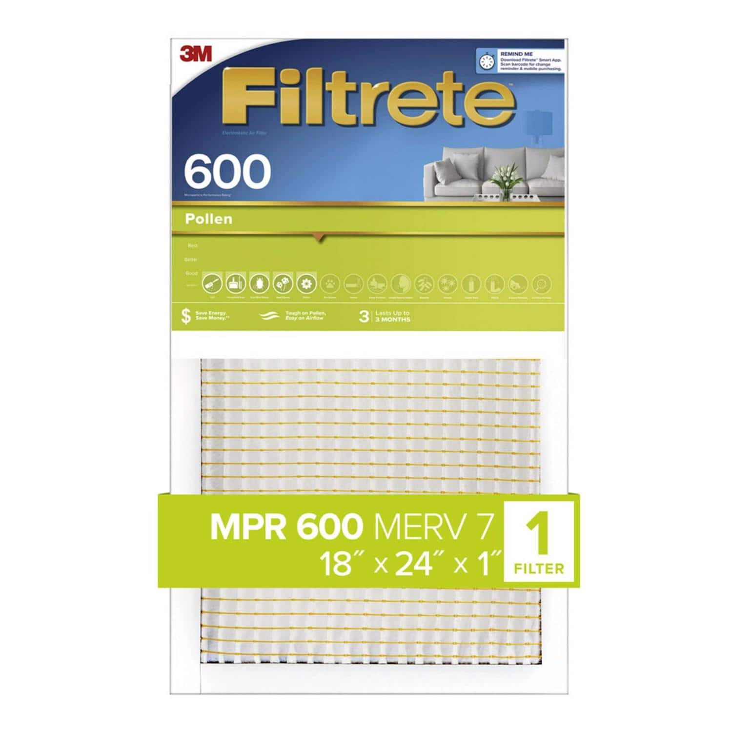 3M - Filtrete 18 in. W X 24 in. H X 1 in. D 7 MERV Pleated Air Filter 1 pk
