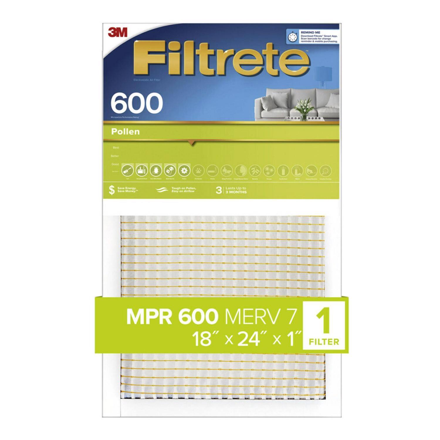 3M - REMIND - Filtrete - A 600 Pollen -o Bat - I L Saue Eneran Sove Muney" Sough a Pollen Eanp - A Lauts Lip .o 3 a BUNTIS MPR 600 MERV 7 1 18" X 24" X 1" FILTER