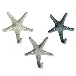 Zeckos - Set of 3 Cast Iron Starfish Decorative Wall Hooks Hangers 4 Inches - Nautical