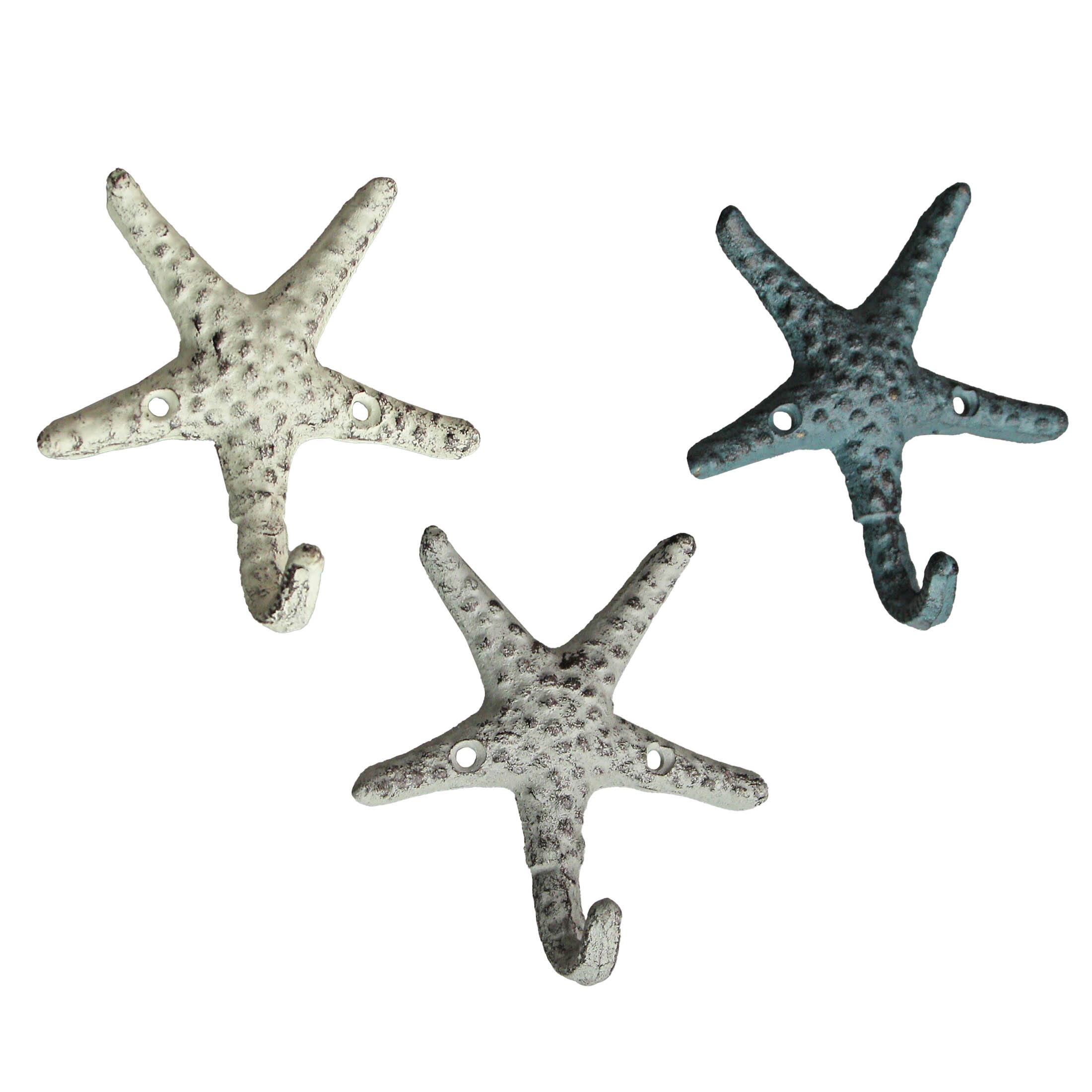 Front. Zeckos - Set of 3 Cast Iron Nautical Starfish Decorative Wall Hooks Hangers 4 Inches - Nautical.