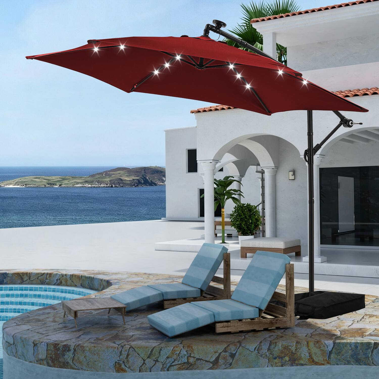 Back. Ainfox - Ainfox 10FT Outdoor Patio Cantilever Umbrella Hanging Offset with Cross Base  Sand Bags & 24 LED Solar Lights - Red.