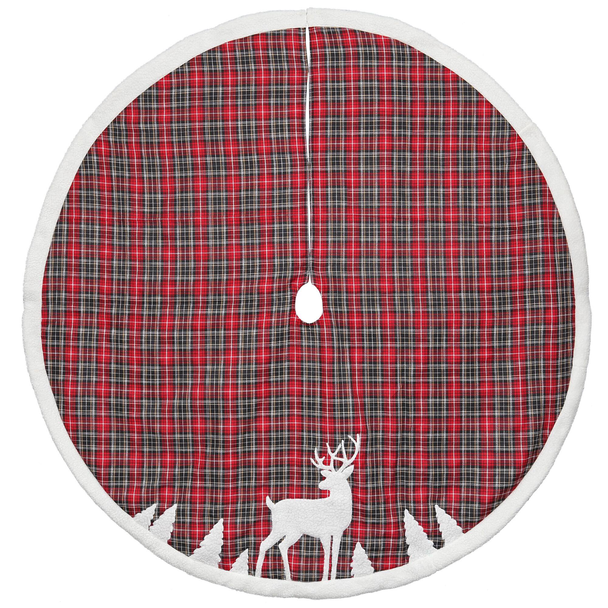 Front. Dyno - 48" Red and Black Plaid Reindeer Christmas Tree Skirt - Red.