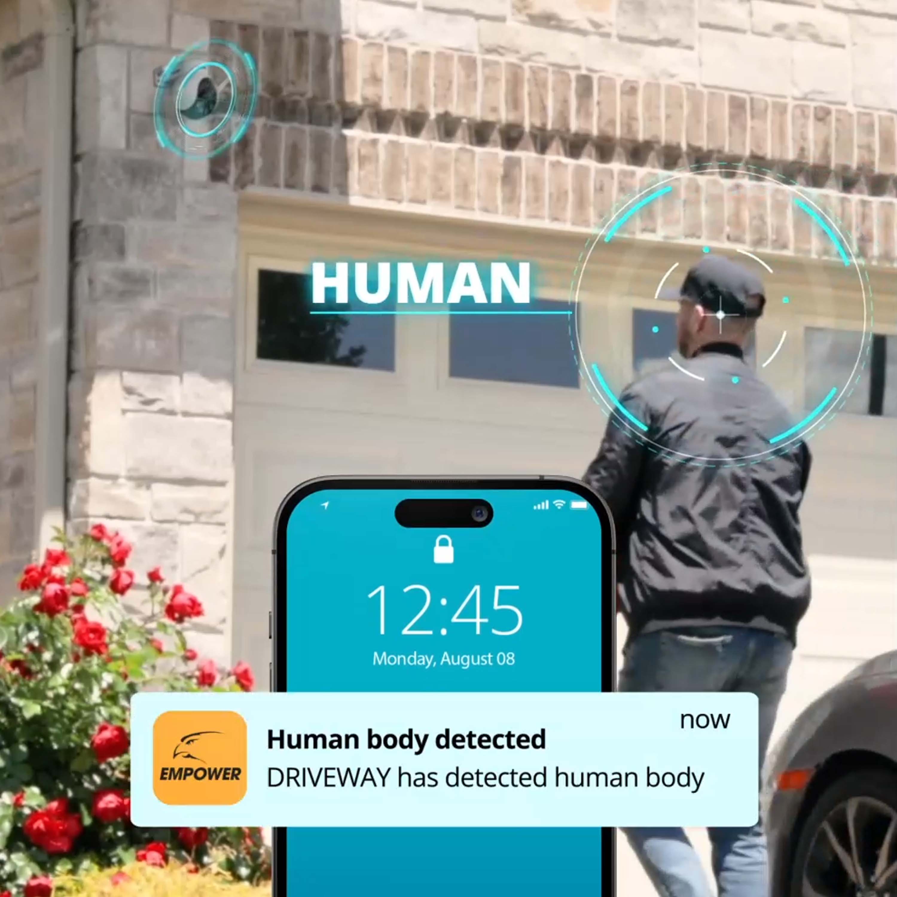 The text on the image is grouped and corrected as follows:

Human body detected
EMPOWER DRIVEWAY has detected human body
12:45 Monday, August 08 now