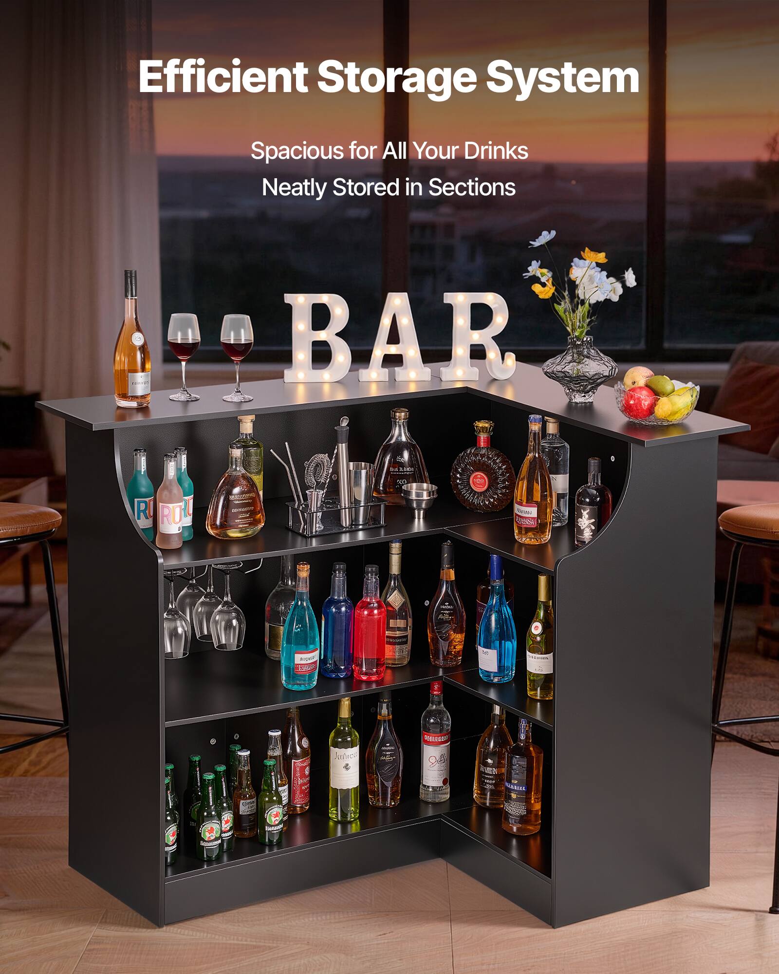 Efficient Storage System  
Spacious for All Your Drinks  
Neatly Stored in Sections  

BAR