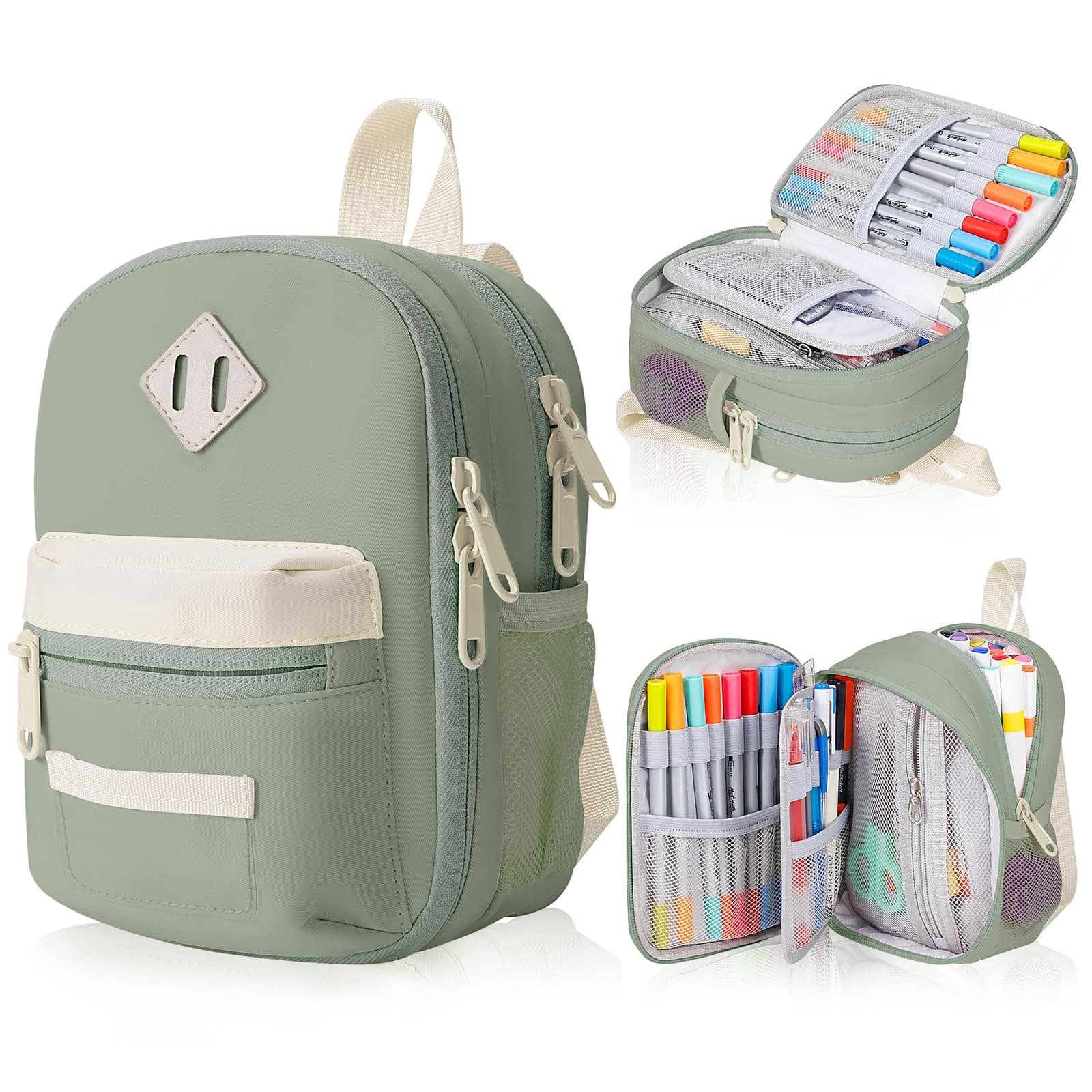 Paradigms Interiors - Large Capacity Pencil Case Mini Backpack Storage High Bag Pouch Holder Marker Pen Organizer For Student Teen Adults - Beige Green