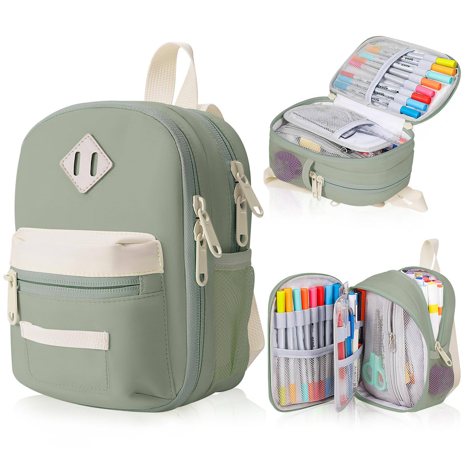 Front. Paradigms Interiors - Large Capacity Pencil Case Mini Backpack Storage High Bag Pouch Holder Marker Pen Organizer For Student Teen Adults - Beige Green.