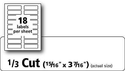 18 labels per sheet  
1/3 Cut (15/16" x 3 7/16") (actual size)