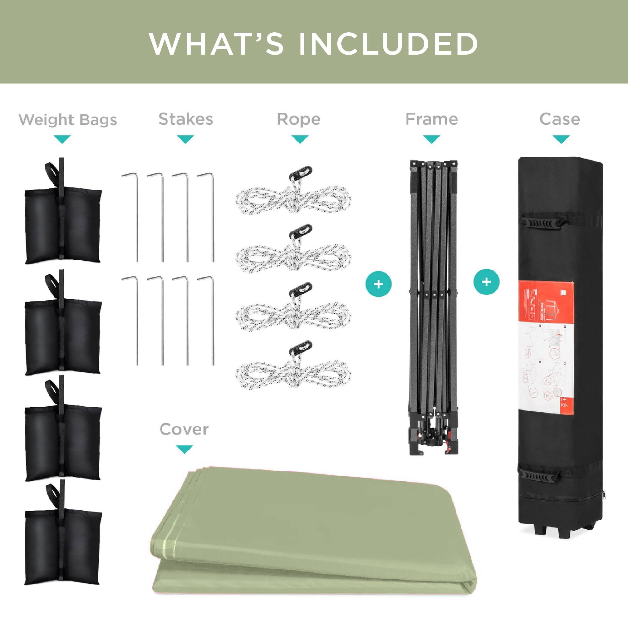 WHAT'S INCLUDED

Weight Bags  
Stakes  
Rope  
Frame  
Case  

Cover