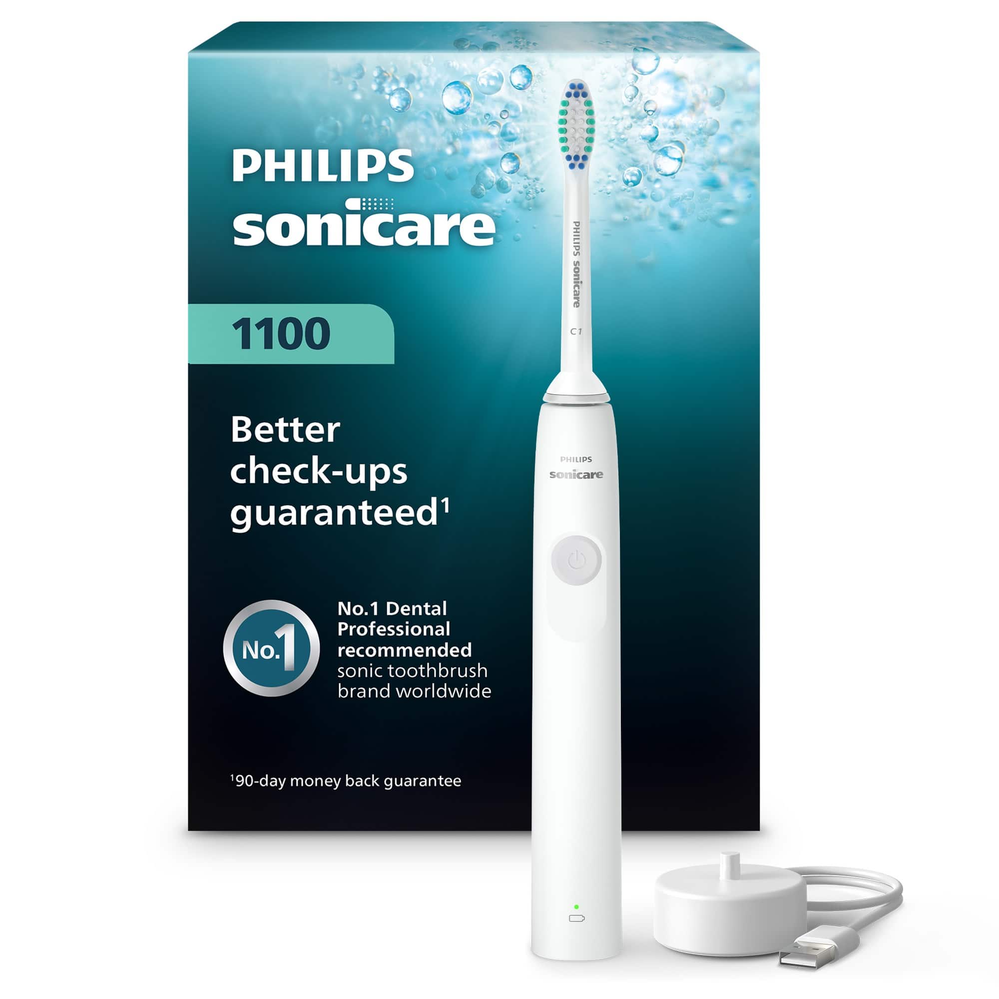 PHILIPS sonicare 1100  
Better check-ups guaranteed¹  
No.1 Dental Professional  
No.1 recommended sonic toothbrush brand worldwide  
90-day money back guarantee