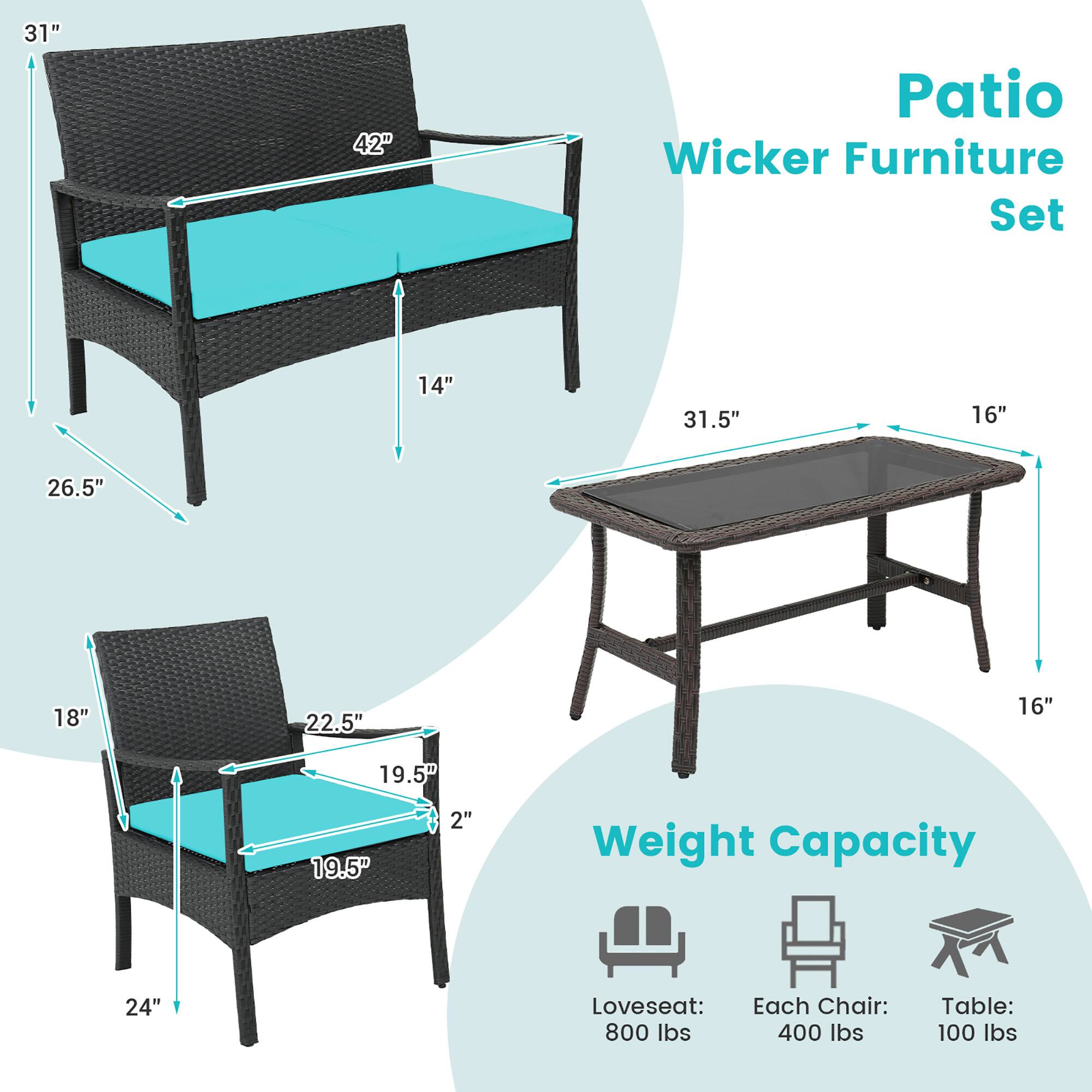 Patio Wicker Furniture Set, 31", 42", 14", 31.5", 16", 26.5", 18", 22.5", 16", 19.5", 19.5", 2", Weight Capacity, Loveseat: 800 lbs, Each Chair: 400 lbs, Table: 100 lbs