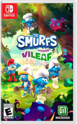 The text on the image is: "NINTENDO SWITCH THE SMURFS MISSION VILEAF EVERYONE E ESRB M MICROIDS" - E (Everyone)