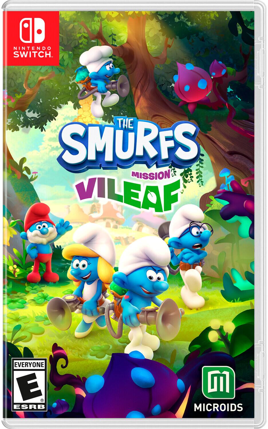 The text on the image is: "NINTENDO SWITCH THE SMURFS MISSION VILEAF EVERYONE E ESRB M MICROIDS" - E (Everyone)
