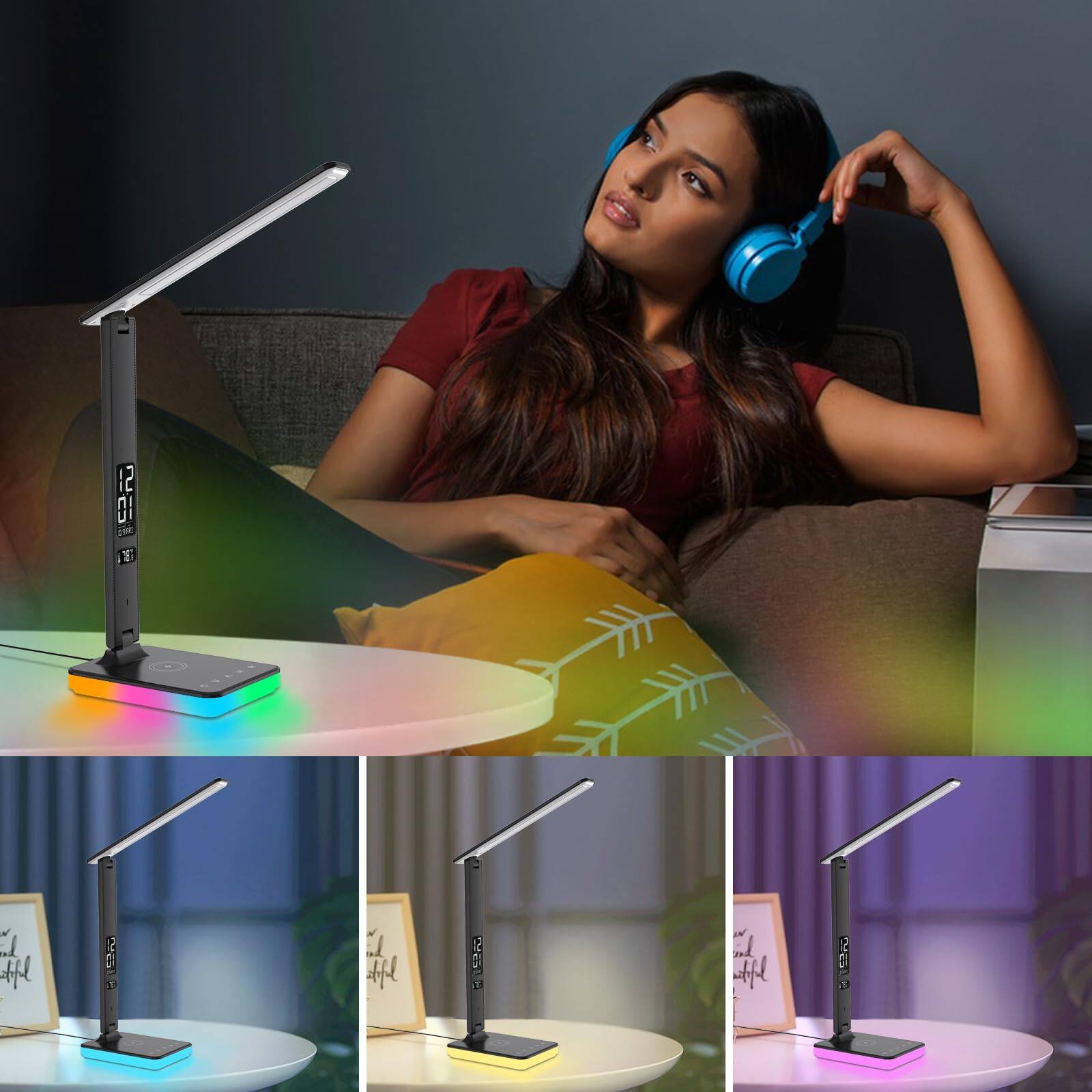 Alt View 1. Dazzed Corner - LED Desk Lamp with 10W Fast Wireless Charging, Alarm Clock - Black.