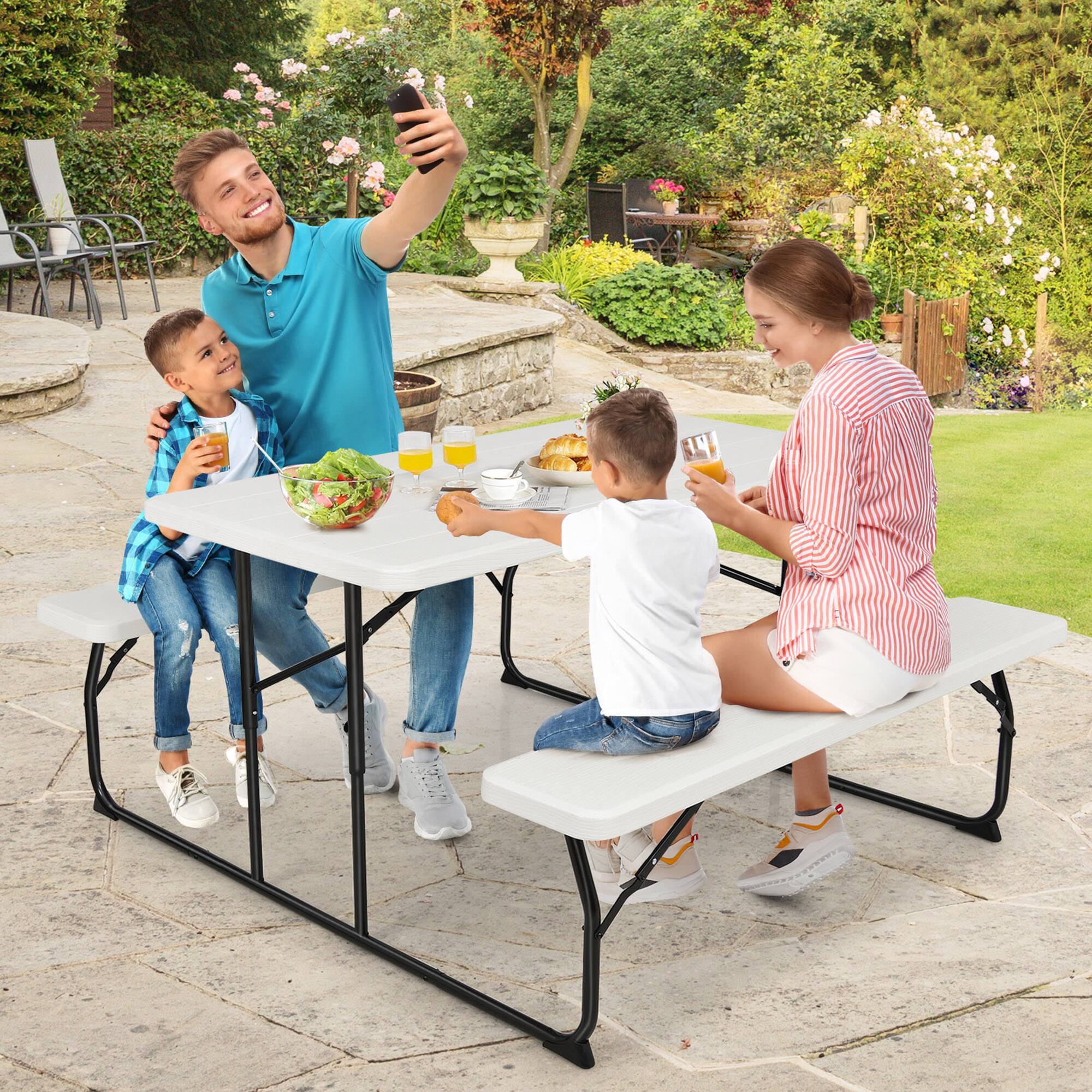 Alt View 3. Gymax - Gymax Folding Picnic Table & Bench Set for Camping BBQ w/ Steel Frame White - White.