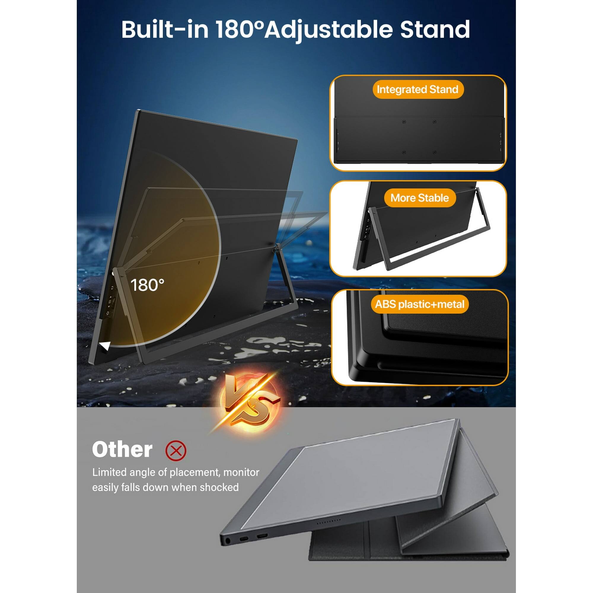 Built-in 180° Adjustable Stand

Integrated Stand
More Stable
ABS plastic+metal

Other
Limited angle of placement, monitor easily falls down when shocked
