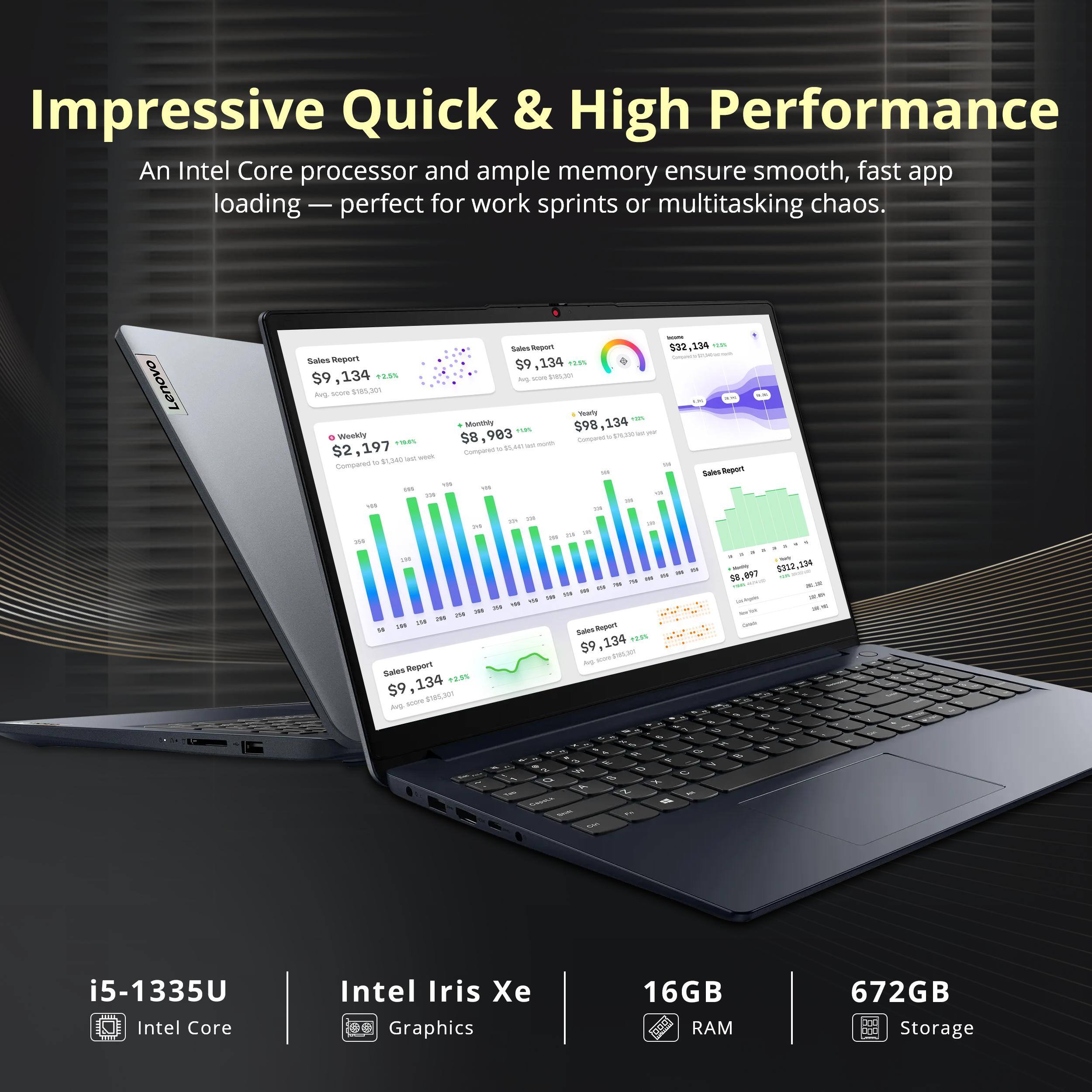 Impressive Quick & High Performance

An Intel Core processor and ample memory ensure smooth, fast app loading — perfect for work sprints or multitasking chaos.

i5-1335U Intel Core
Intel Iris Xe Graphics
16GB RAM
672GB Storage