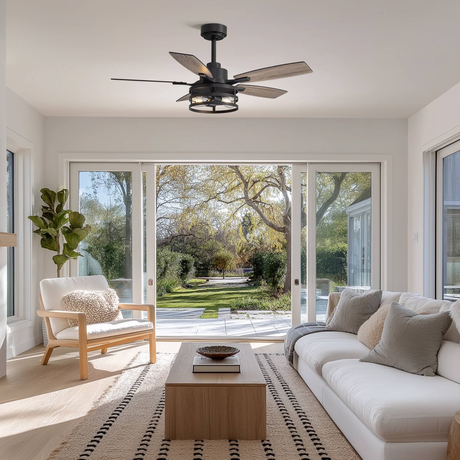 Left. Siljoy - 42-Inch Rustic Cage Ceiling Fan 5 Blades Industrial Metal Design App & Remote Control for Living Room Bedroom Patio - Black.