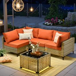 Ovios - 5 PCS Sectional Patio Furniture Set Outdoor Rattan Comfy Sofa with Coffee Table for Garden - Coarse Orange Red