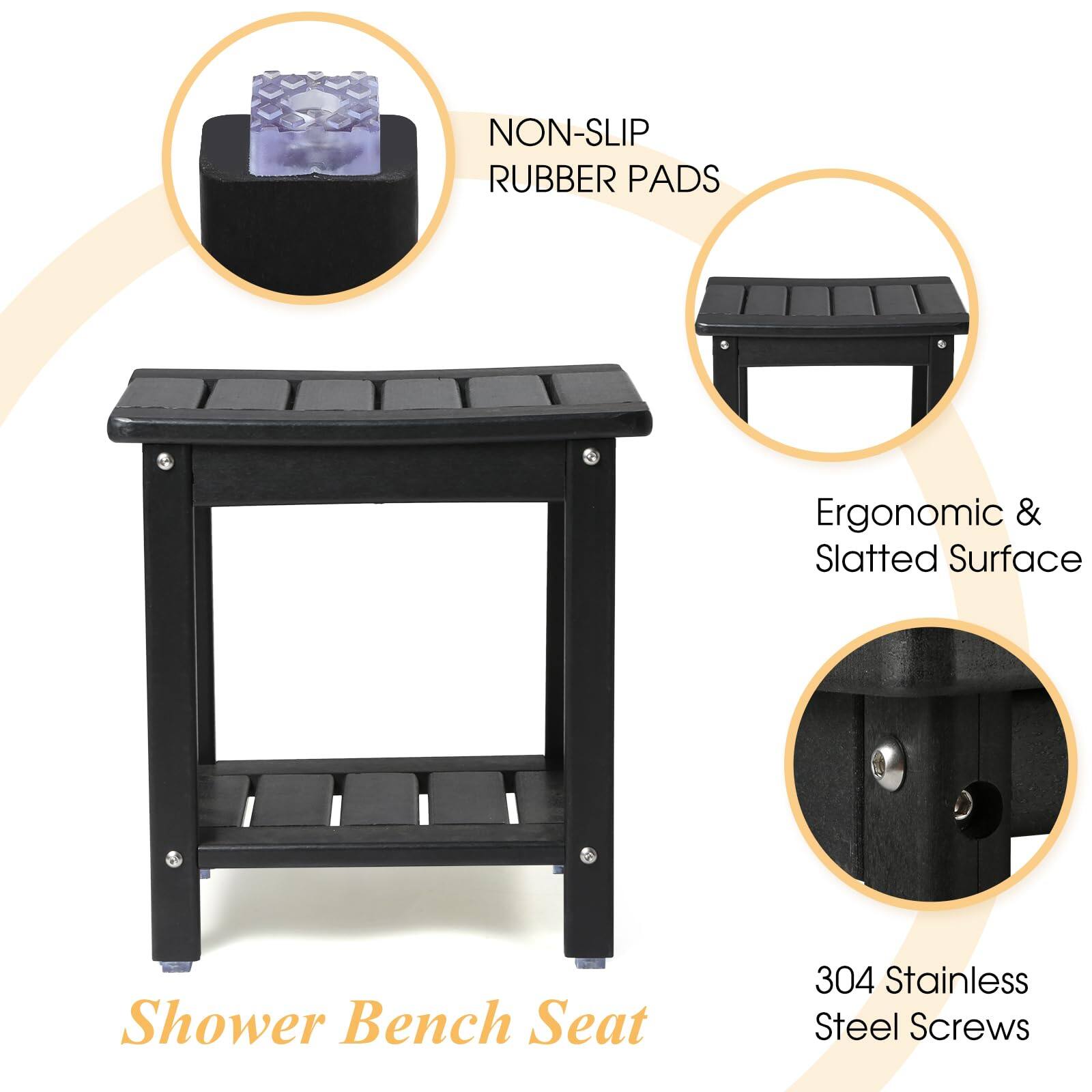 - NON-SLIP RUBBER PADS
- Ergonomic & Slatted Surface
- 304 Stainless Steel Screws
- Shower Bench Seat