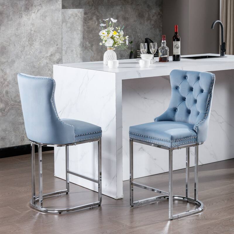Alt View 4. HTUTWOO - 25" Counter Height Bar Stools Set of 2, Velvet Upholstered with Button Back & Rivet Trim, for Kitchen Island & Home Bar - Light Blue.