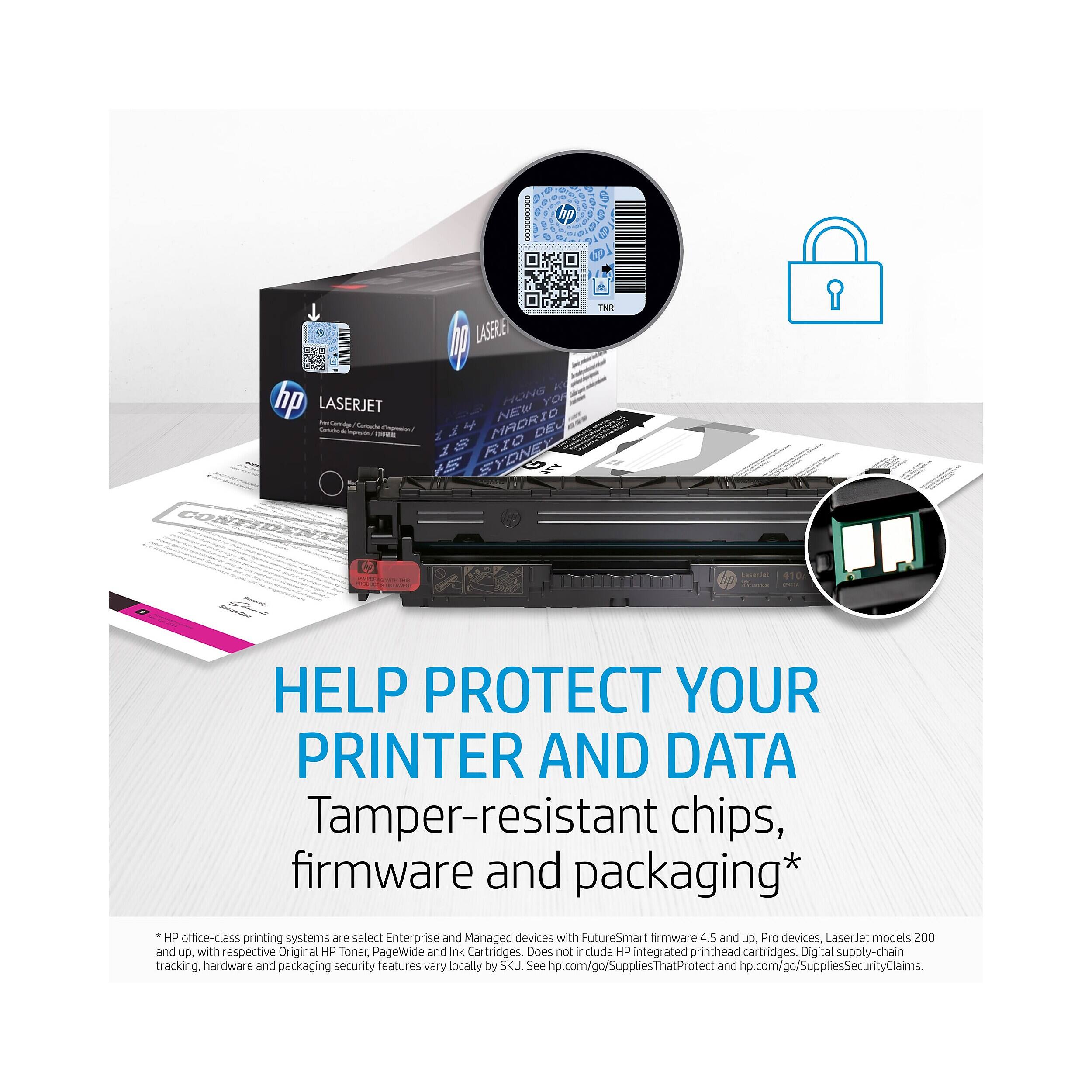 hp hp LASERJET - Ct Tarbocto o - - U LASSRE A HONG YOR NEW MADRIO DE ST 1 SYONE RIO +5 LOU TNK - 410 HELP PROTECT YOUR PRINTER AND DATA Tamper-resistant chips, firmware and packaging* HP office-class printing systems are select Enterprise and Managed devices with FutureSmart firmware 4.5 and up. Pro devices, Laser Jet models 200 and uG. with respective Original HP Toner, PageWide and Ink Cartridges. Does not include HP integrated printhead cartridges. Digital supply-chain tracking. hardware and packaging security eatures vary locally by SKU See np.com/go/SuppliesThatProtect and ho hp.com/go/SuppliesSecurityClaims.