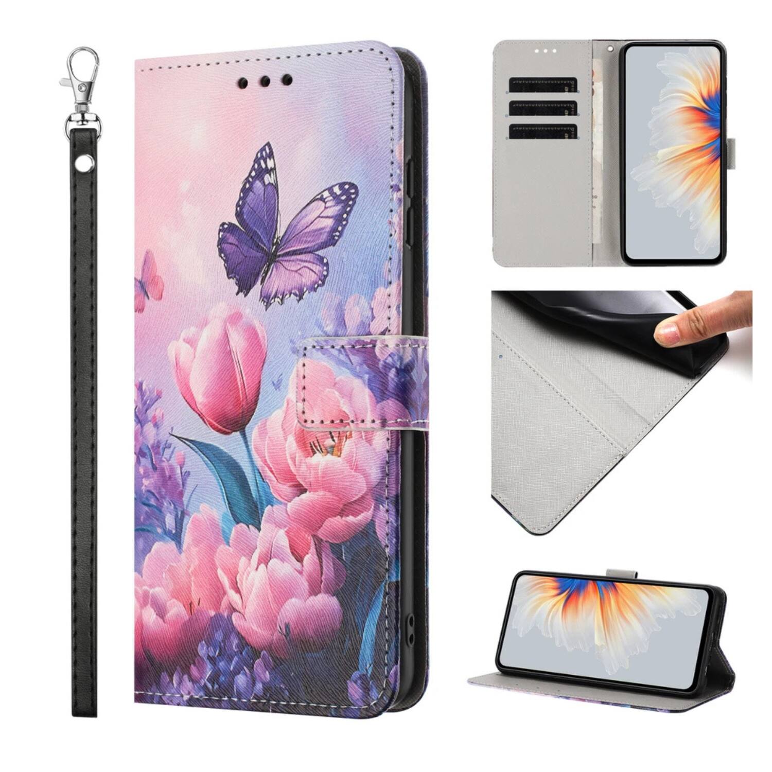 Angle. Stock Preferred - Pink Flower Pattern Flip Wallet Case with Card Holder for iPhone 16 Pro Max - Pink Flower.