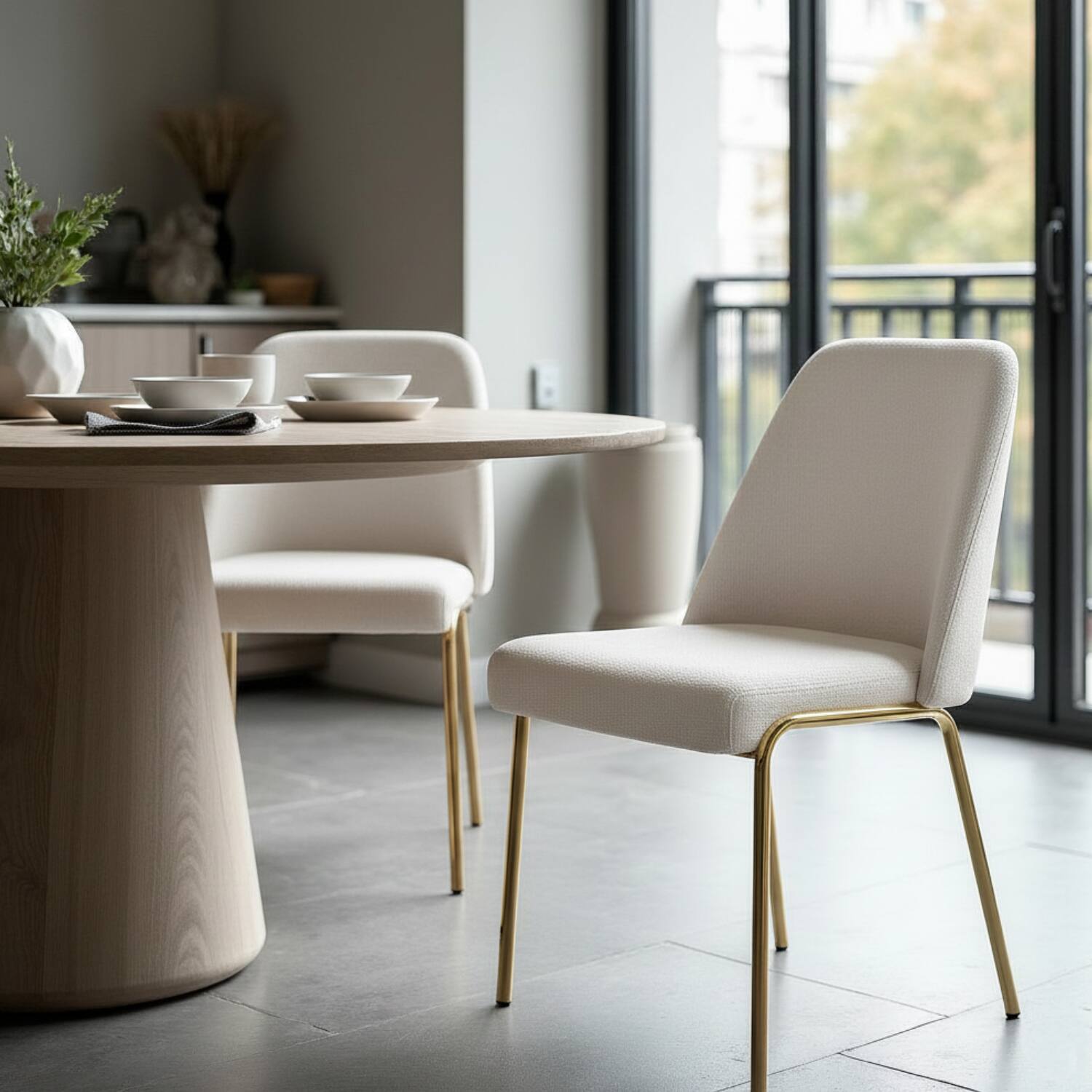 Angle. LeisureMod - Lumen Modern Upholstered Dining Chair with Curved Back & Gold Steel Legs - Accent Side Chair - White Boucle.